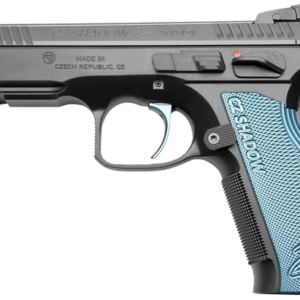 CZ Custom Shadow 2 ACCU, 2023X Single Action 9mm, 4.89" Barrel, ACCU Bushing, Black, Adj Rear, Fiber Optic Front, Blue Grips, 2x17rd