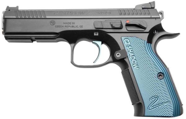 CZ Custom Shadow 2 ACCU, 2023X Single Action 9mm, 4.89" Barrel, ACCU Bushing, Black, Adj Rear, Fiber Optic Front, Blue Grips, 2x17rd