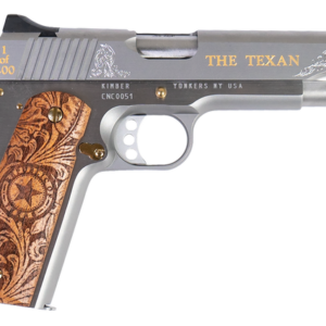 CNC Kimber 1911 Texan 45 ACP, 5" Barrel, Engraved Stainless Steel, Gold Accents, Texas Mesquite Grip, 7rd