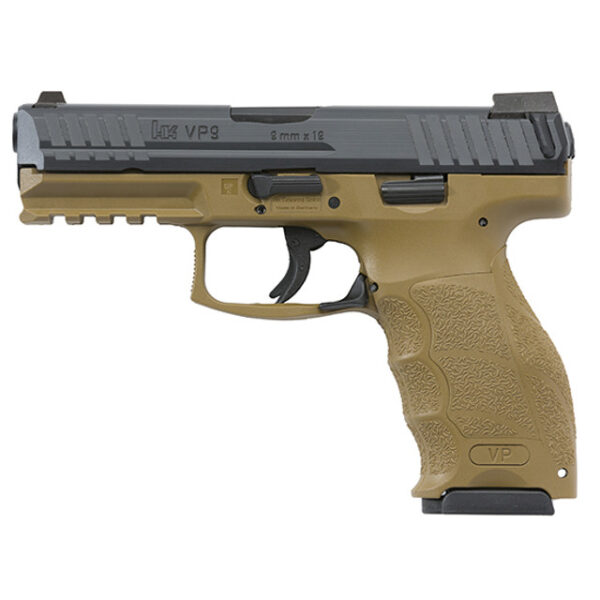 HK, VP9, 9mm, 4" Barrel, Black Slide, Flat Dark Earth Frame, Night Sights, 17 Rounds, 3 Mags