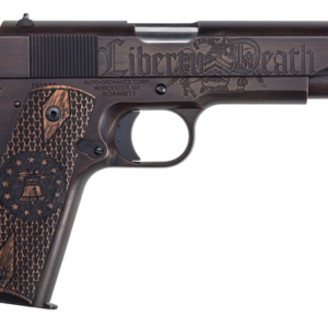 Auto Ordnance Liberty, 1911, Full Size, 45ACP, 5" Barrel,, Black/Brown Custom Cerakote on Engraved Slide and Frame, Engraved Goncalo Wood Grips, Fixed Sights, 7rd, 1 Magazine